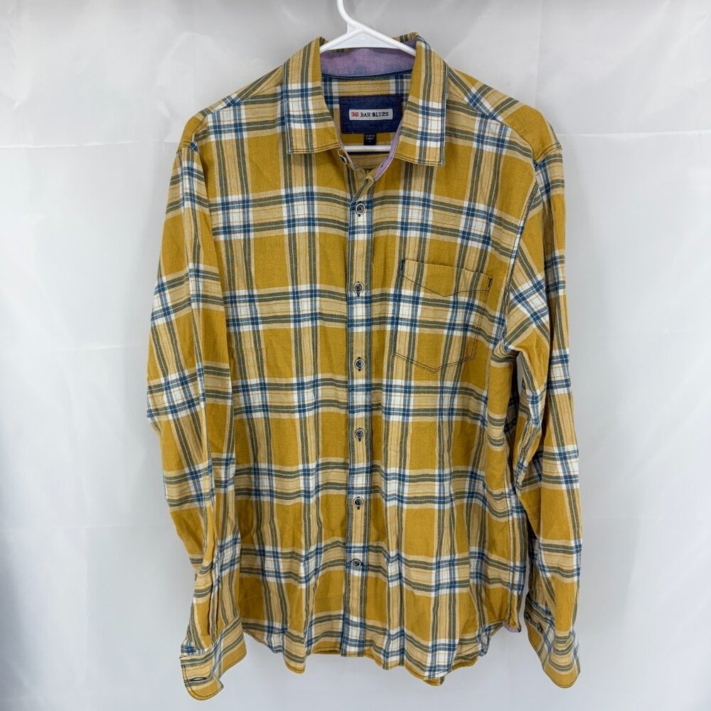 32 Bar Blues Men L Button Down Shirt Long Sleeve Yellow Blue Plaid Woven Western
